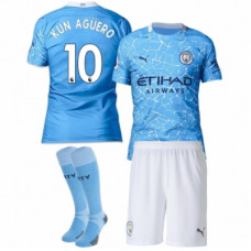 Домашняя детская форма Манчестер Сити сезона 2020-21 Агуэро 10 (футболка + шорты + гетры)